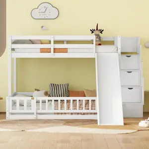 [Bellemave]Twin Over Full Bunk Bed with Slide, Storage Staircase, Pine Solid Wooden Bunk Bed with Safety Guardrails