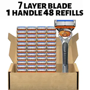 【Quality Upgrade】Men's 7-blade razor set, includes 12/24/48 replacement blades, features a reed extract lubricating strip for a smooth shave, and a durable, non-slip handle; suitable for both face and body