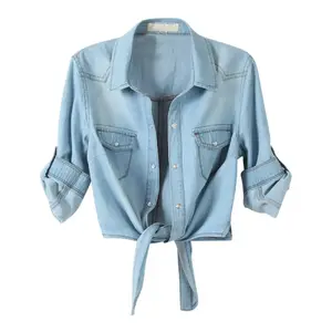 Women's 3/4 Sleeve Denim Crop Top Tie Knot Shirt Cardigan