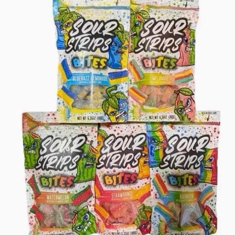 Sour Strips Bites Assorted Packaged Snack Foods, 6.35 oz Sour Candy Variety - Watermelon, Rainbow, Bluerazz Lemonade, Strawbango or Melonade Flavors, Bites Fruit & Chewy Candy Pieces, Grab and Go Outdoor Snack