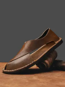 Men's Genuine Leather Hand-Stitched Sandals, Summer Hollow Out Toe Posture Roman Beach Shoes, Casual Comfortable Footwear