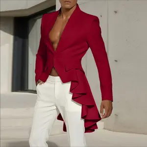 INCERUN Men's Formal Long-Sleeve Woven Fabric Slim-Fit Deep V Ruffle Swallowtail Blazer - Fashion Mensfashion Costumes Clothes, All-Seasons Menswear Jacket for Stage Performance, Christmas Party