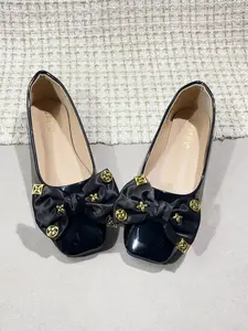 Women's Square Toe Ballet Flats, Classic Glossy Leather, Metal Studs Bow, Comfortable Soft Sole, All Seasons Dress Shoes