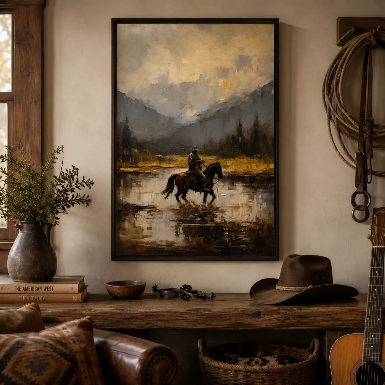 Vintage Cowboy Art Print | Horse Rider Mountain Landscape | Rustic Western Wall Decor | Unframed Poster