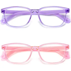 KF5-SGL002 Kids Blue Light Blocking Glasses 2 Pack, Anti Eyestrain & UV Protection, Computer Gaming TV Phone Glasses for Boys Girls Age 3-9 (Transparent Purple+ Transparent Pink)