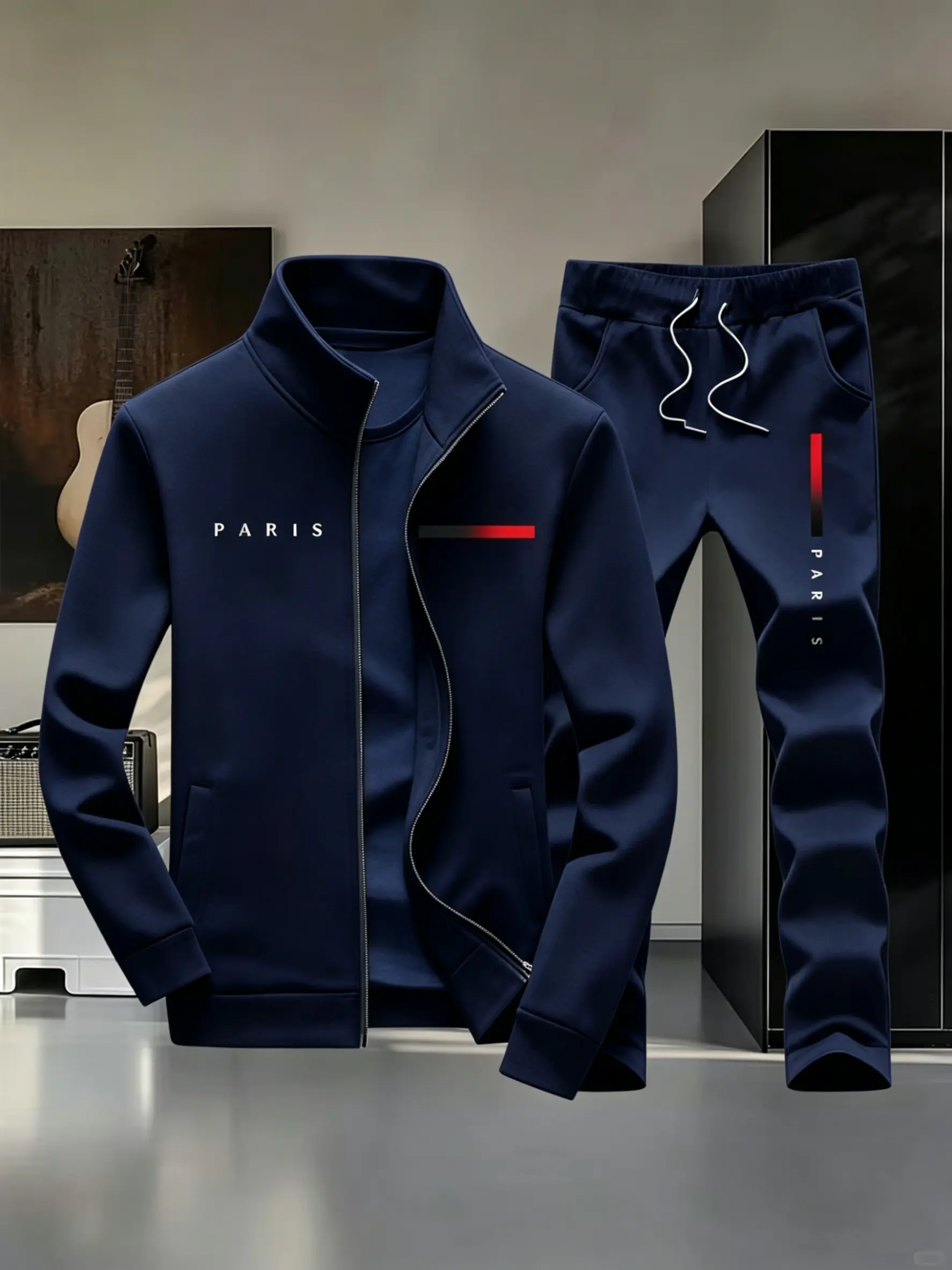 Men's Streetwear Tracksuit 2-Piece Set with PARIS Letter Print, Zip-Up Jacket and Jogger Pants tiktokshopspringglowup