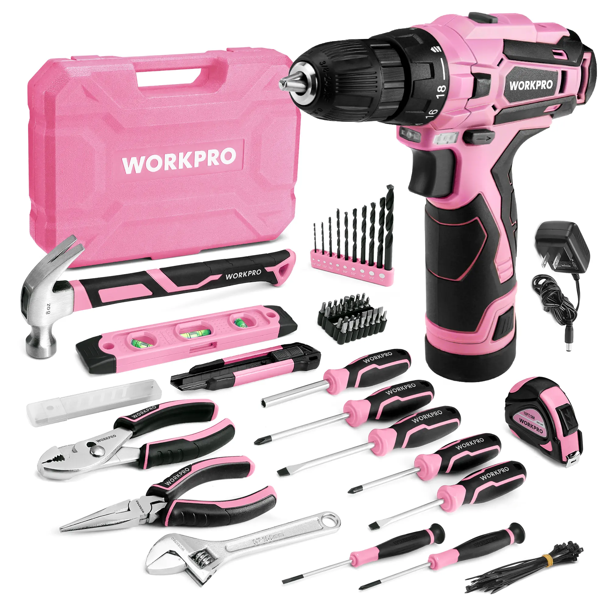 #backtoschool WORKPRO Pink Tool Set with Power Drill, Portable Ladies Pink Drill Kit for Home with Toolbox (or Toolbag) and Pink Hammer, Cordless Drills with Keyless Chuck and Variable Speed Trigger - Pink Ribbon