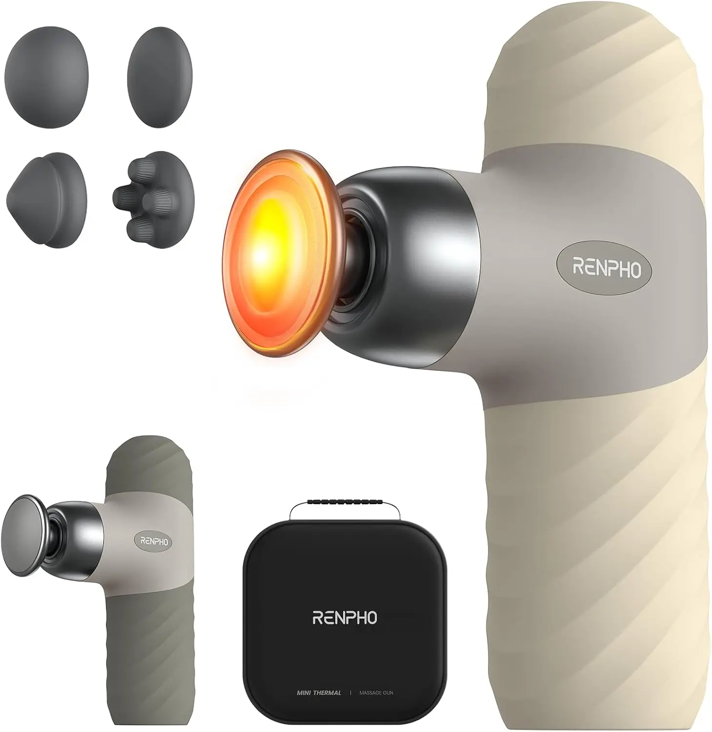 RENPHO Mini Heated Vibration Massage Gun, USB-Rechargeable Deep Tissue Percussion Massager with 4 Heads, Ultra-Quiet Portable Design with Carry Case for Neck & Back Comfort, Adults’ Beauty & Personal Care Gift, Usb Rechargeable Massagers, Battery Powered