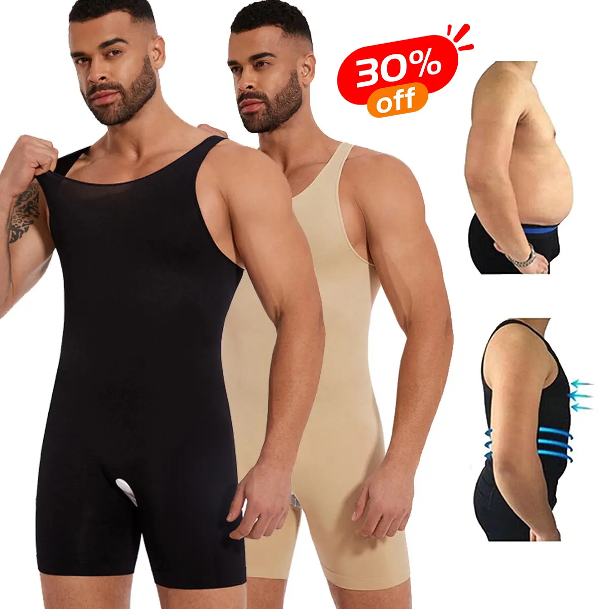 Men's Nylon Seamless Shapewear Bodysuit - Tummy Control Waist Trainer, Tight Compression Sculpting Full Body Shaper with Open Crotch, Breathable Fabric, 2XL Option