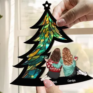 Personalized Friends Sitting Under Christmas Tree, Personalized Friends Window Hanging Suncatcher Ornament, Besties Ornament, Gift For Friends Sisters Decor Decoration