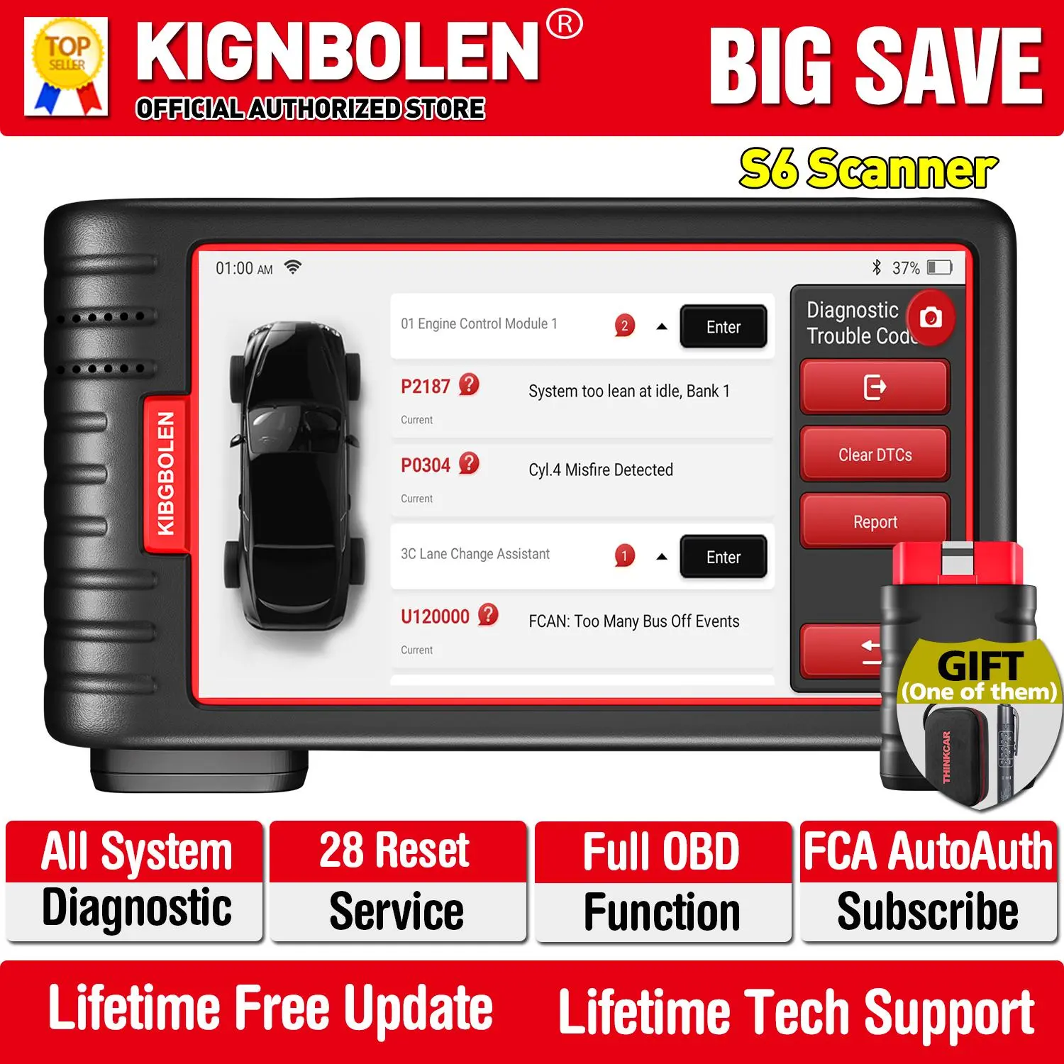 KINGBOLEN S6 Car Diagnostic Tools All System 28 Service AF DPF Injector Coding FCA AutoAuth OBD2 Scanner Lifetime Free Update