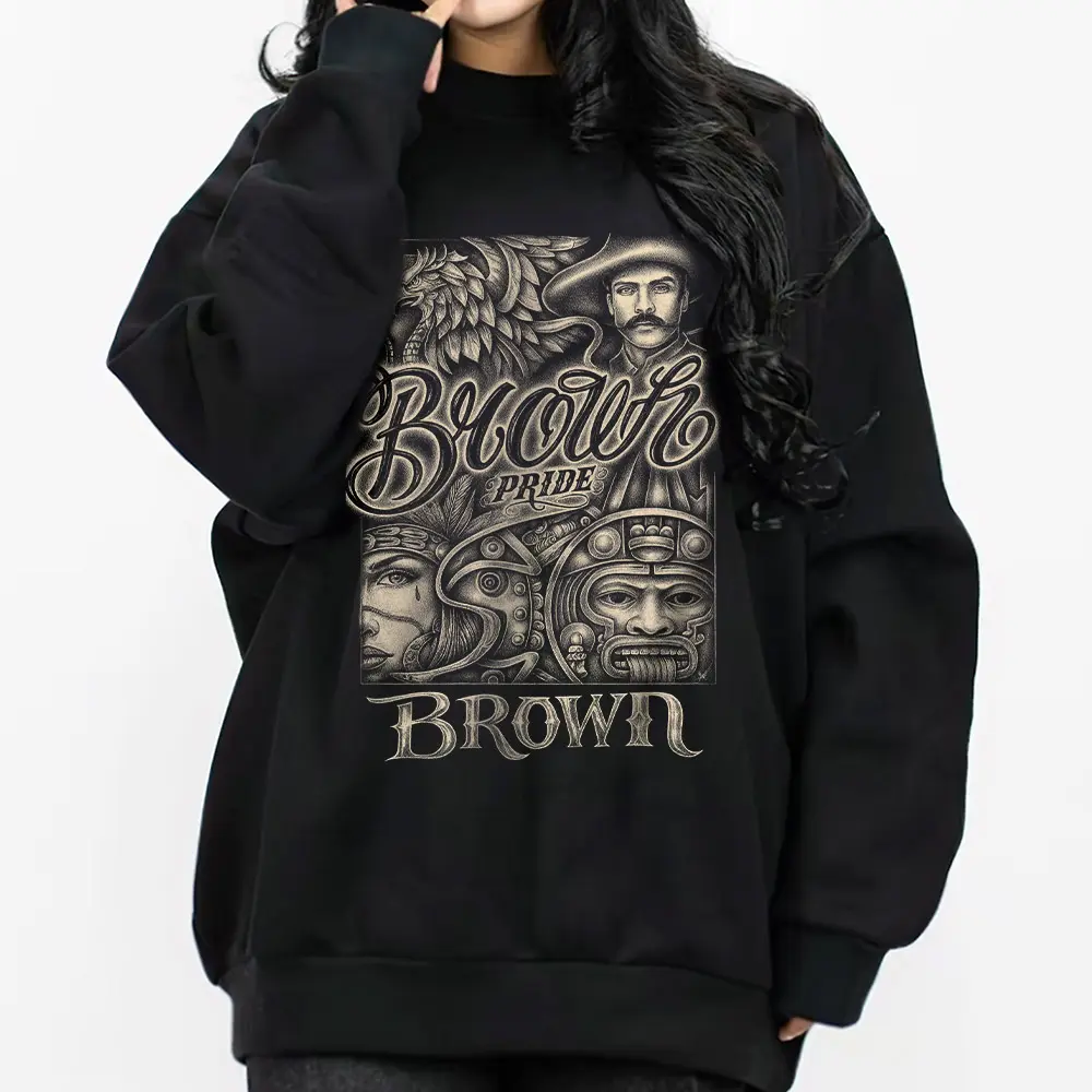 Brown Pride Mex Chicano Clothing Mexican Clothes Lowrider Clothes Oversized Graphic Tee Medium Heavy Sweatshirt Hoodie for Men & Women Unisex Casual Fit