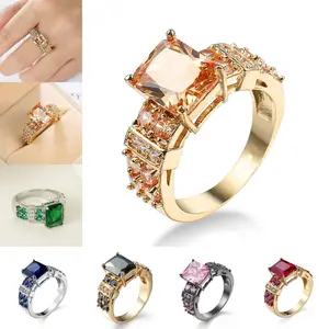 Sports-Inspired Women's Vintage Gold Cute Square Stone Champagne Zircon Engagement Ring - Wedding Promise Band, Mother's Day Gift Jewelry, Engagement Rings