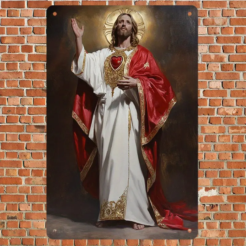 Aluminium Religious Wall Plaque - 1pc Vintage 2D Flat Metal Tin Sign with Radiant Jesus Silhouette, Art Deco Retro Decor, 7.87x11.81in Pre-Drilled Holes for Easy Hanging, Indoor/Outdoor Home Accent