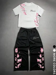 Unisex Y2K Style Sakura Two Piece Set, Cherry Blossom Print Short Sleeve T-Shirt & Wide Leg Sweatpants, Japanese Floral Streetwear, Summer Casual Wear For Anime Fans And Streetwear Lovers