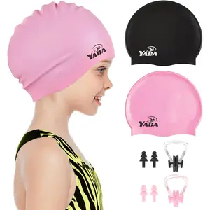 Swim Cap Kids for Long Hair, 2 Pack Silicone Swimming Cap for Boys Girls Aged 3-15, Durable Kids Swim Cap Short Hair, Fit Waterproof Swim Caps for Kids Toddler, with Ear Plugs & Nose Clip