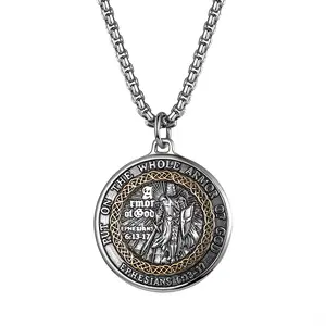 OIDEA Unisex Armor of God Necklace - Stainless Steel Christian Round Medallion Pendant with Ephesians 6:11-17 Bible Verse, Armor Symbol Jewelry Accessory, Baptism Gift
