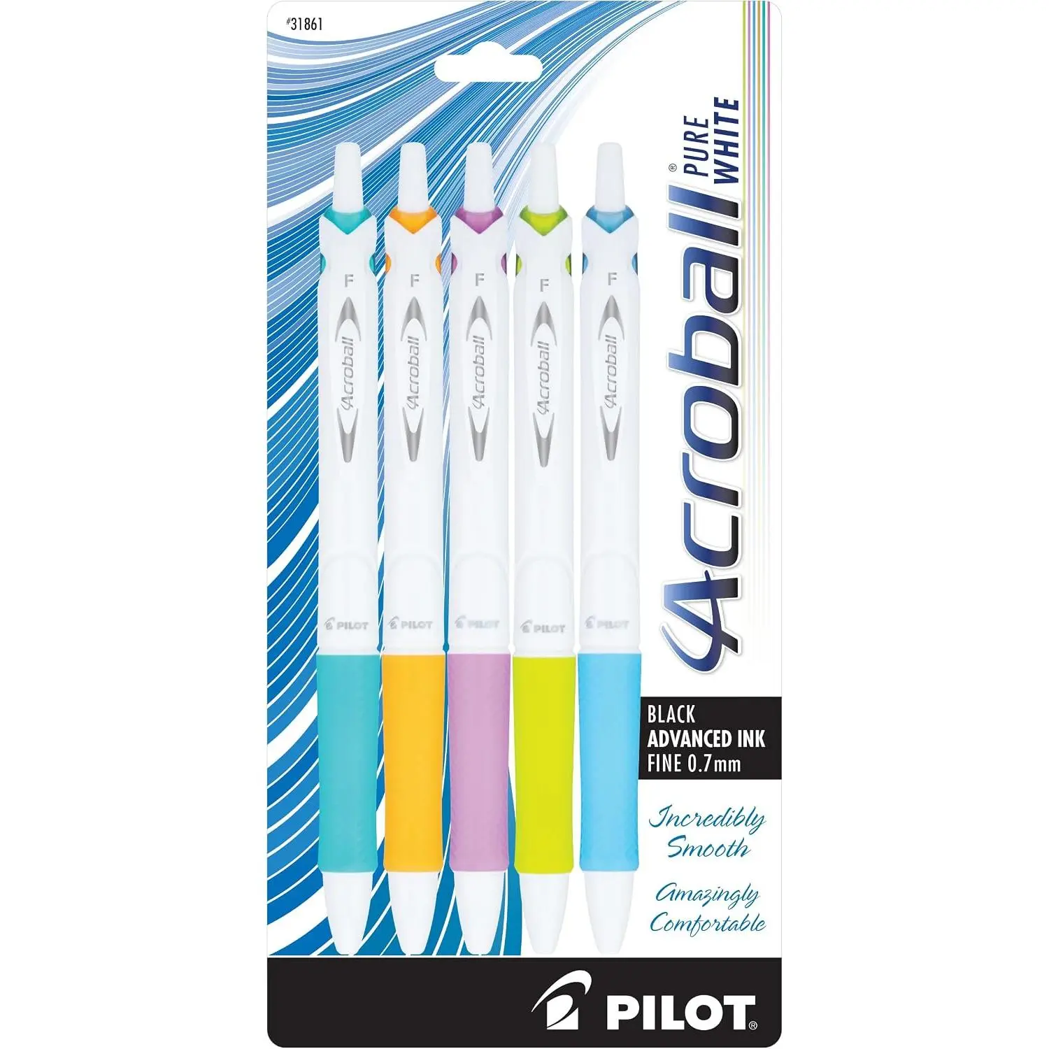 Pilot Acroball PureWhite Advanced Ink Refillable & Retractable Ball Point Pens with Assorted Accents, Fine Point, Ballpoint Pens, Black Ink, 0.7mm, 5-Pack
