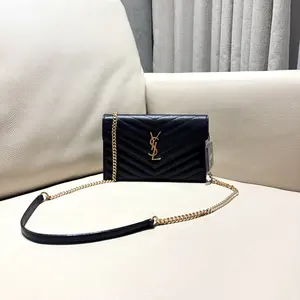 Pre-owned Yves Saint Laurent YSL BLACK CLASSIC CASSANDRE CHAIN WALLET IN GRAIN DE POUDRE LEATHER HK