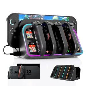 Wall Mount for   2 2025 -  Wall Mount with RGB Light & Joy Con Charger - 4 Joy Con  Ports, 7 RGB Modes Light, 4  Card Storage -   with LED Indicators