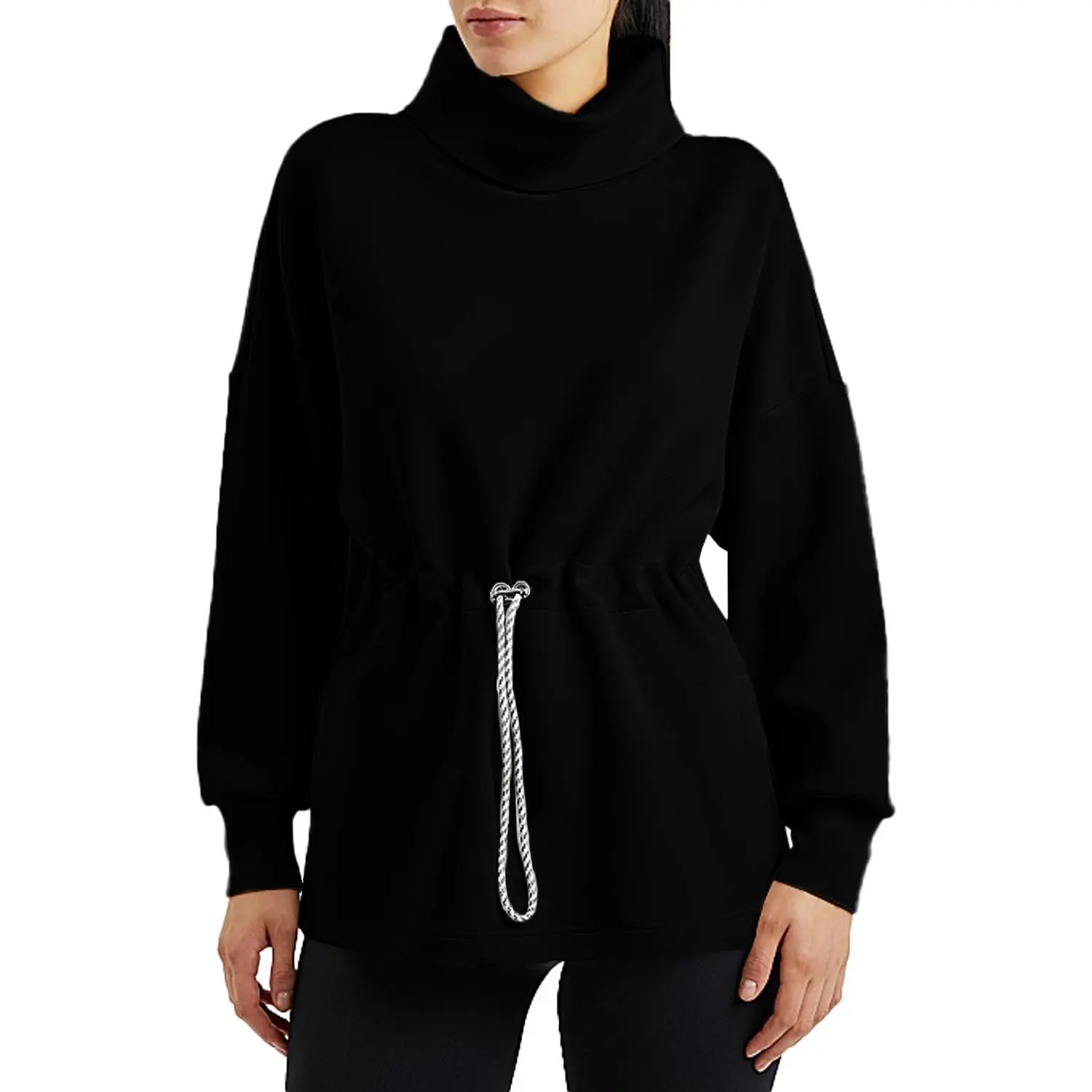 Goranbon Women's Basic Long-Sleeve Turtleneck Sweatshirt - Lady's Casual Side Split Pullover Top with Drawstring Waist for Leggings, White, XX-Large