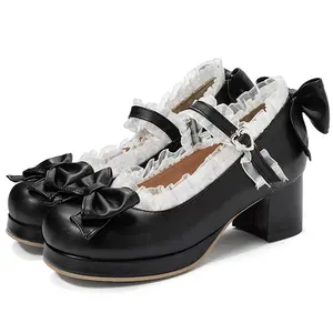 Women Kawaii Block Heel Mary Janes Pumps with Bow Platform Dress Pumps Chunky Heel Cute Lace Sweet Party Shoes for Girls Christmas gifts