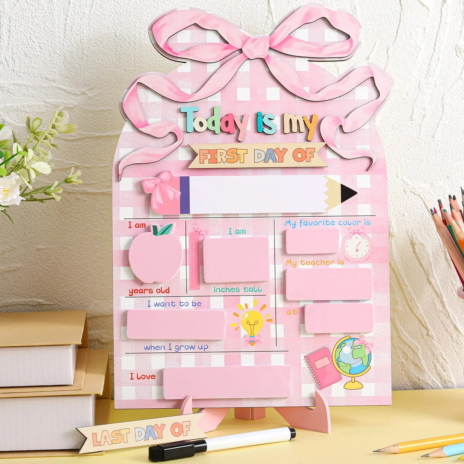 First Day of School Sign Reusable Back to School ChalkBoard First & Last Day of School Photo Prop 1st school board with markers for Preschool Kindergarten PreK Daycare Elementary Cute Dry Erase Wooden Sign Homeschool Mom Teacher School Tradition Pictures