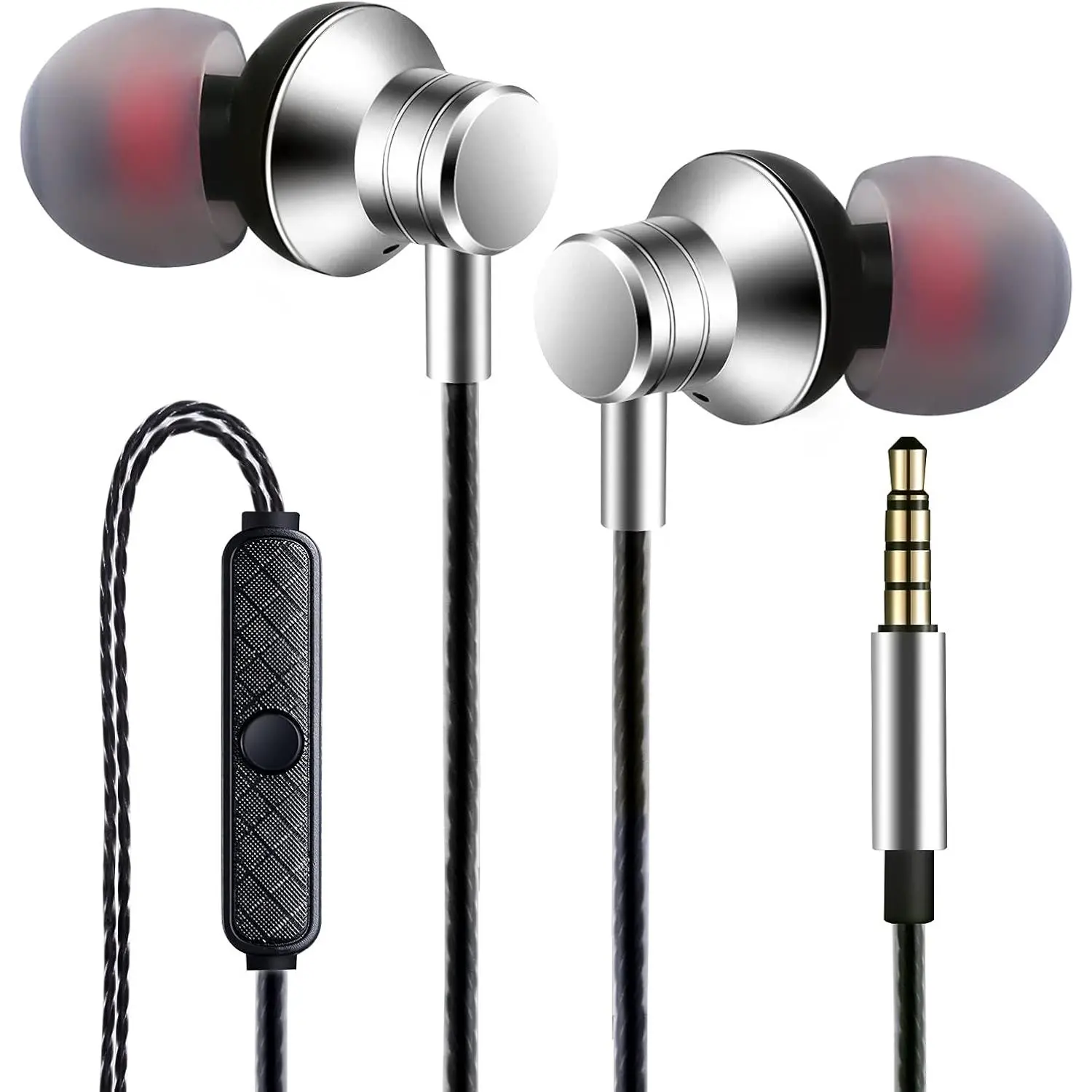 Wired In-Ear Earbuds with Microphone, Stereo Bass, Noise Isolation, Button Control, Balanced Tonal Adjustment (0.7 oz, 3.5 mm Jack) - 3.5 mm Interface Headphones for Android Cellphones, Tablets, iPod, MP3 Players (Silver)