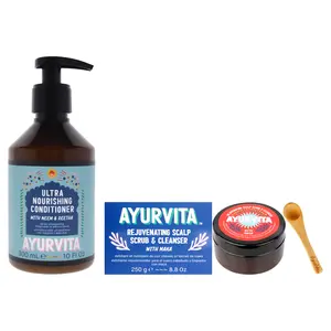 Maka Rejuvenating Scalp Scrub and Cleanser with Neem and Reetha Ultra Nourishing Conditioner Kit by AyurVita for Unisex - 2 Pc Kit 6.7oz Cleanser, 10oz Conditioner Clarifying Shampoo