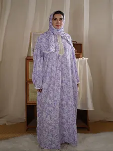 Muslim Women's Soft Breathable Hijab Dress, Lace Trim Floral Print Long Robe, Loose-Fitting Woven Fabric, All Seasons Wear, Modest Muslim Outfits, Muslim Women Gowns