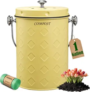 AOSION Countertop Compost Bin Kitchen,Odorless Indoor Compost Bin with Lid,Farmhouse Composter Container for Food Waste,Includes 2 Carbon Filters, Small Compost Bucket,Trash Bags (Modern, Yellow)