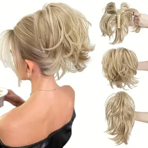 [Short Wavy Blonde Ponytail Extension] Versatile Blonde Claw Clip Ponytail Extension - Short, Wavy & Curly Synthetic Hairpiece, Bendable Metal Design for Effortless Styling, Ideal for Diverse Women's Hairstyles, Ponytail Hair Extensions-FGH5SD