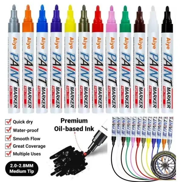 1 Set All Color (12pcs) Permanent Oil-Based Waterproof Acrylic Markers, Quick-Drying Durable Fade-Resistant Easy-to-Use for Auto Tire Detailing, Christmas Decorations, Indoor & Outdoor Use on Metal Rock Wood Glass Ceramic, Office Art Supplies