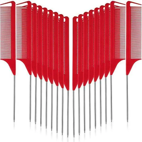 Unisex 12-Pcs Carbon Fiber Heat-Resistant Rat Tail Comb Set - Stainless Steel Pintail Adult Hair Tools for Parting, Braiding - Salon Home Bathroom Hairdressing Gadget (Red)