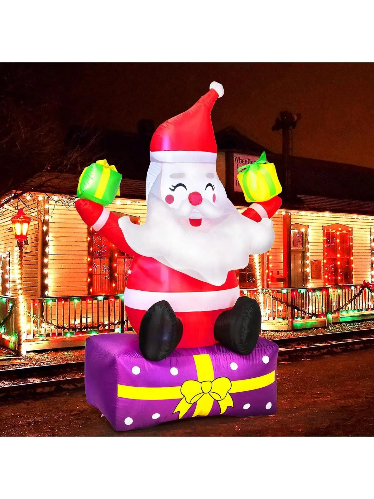 Christmas Inflatables 6 Ft Christmas Outdoor Decorations Inflatable Santa Claus With Gift Boxes Xmas Santa Claus Blow Up Yard Decor, Built-In LED Lights With Tethers, Stakes For The Yard, Lawn, Garden, Built-In Leds, Includes Tethers, Plastic
