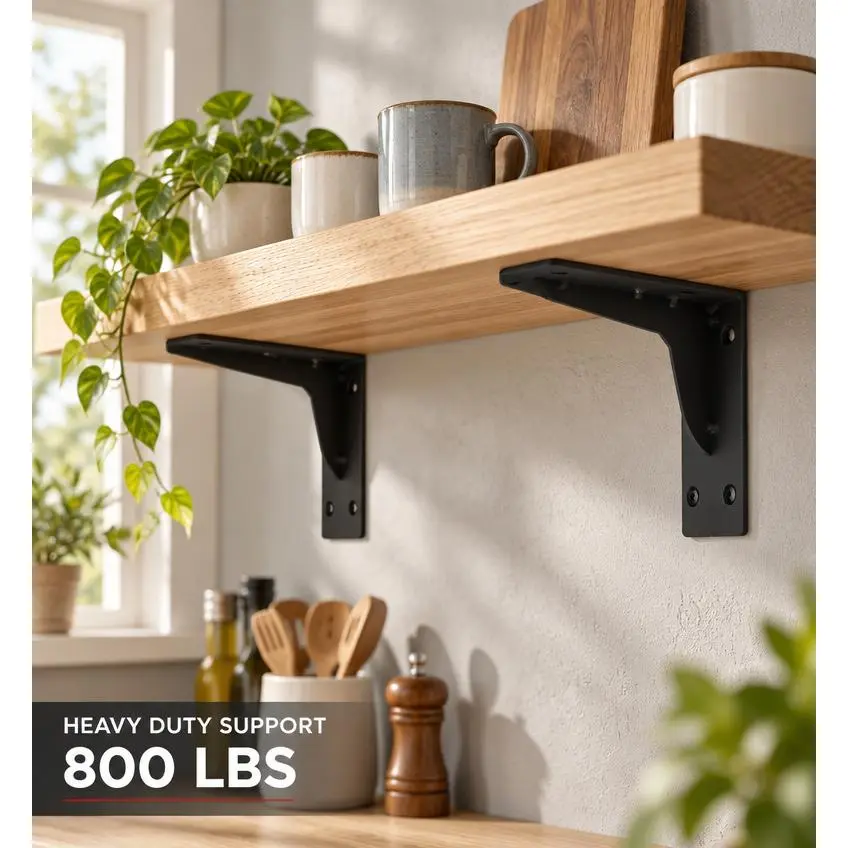 Heavy Duty Steel L Brackets for Household Shelves - 2.2-4.5mm Thick Wall Shelf Supports, Black/White Options, 6in, 8in & 20in Sizes, Easy Installation