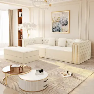 90.6" 3-in-1 Convertible Sleeper Sofa – Modern Velvet Couch with Button Tufting, Gold Edge Trim & Movable Ottoman, 3-Seater for Living Room, Apartment, Bedroom (Beige/White)​