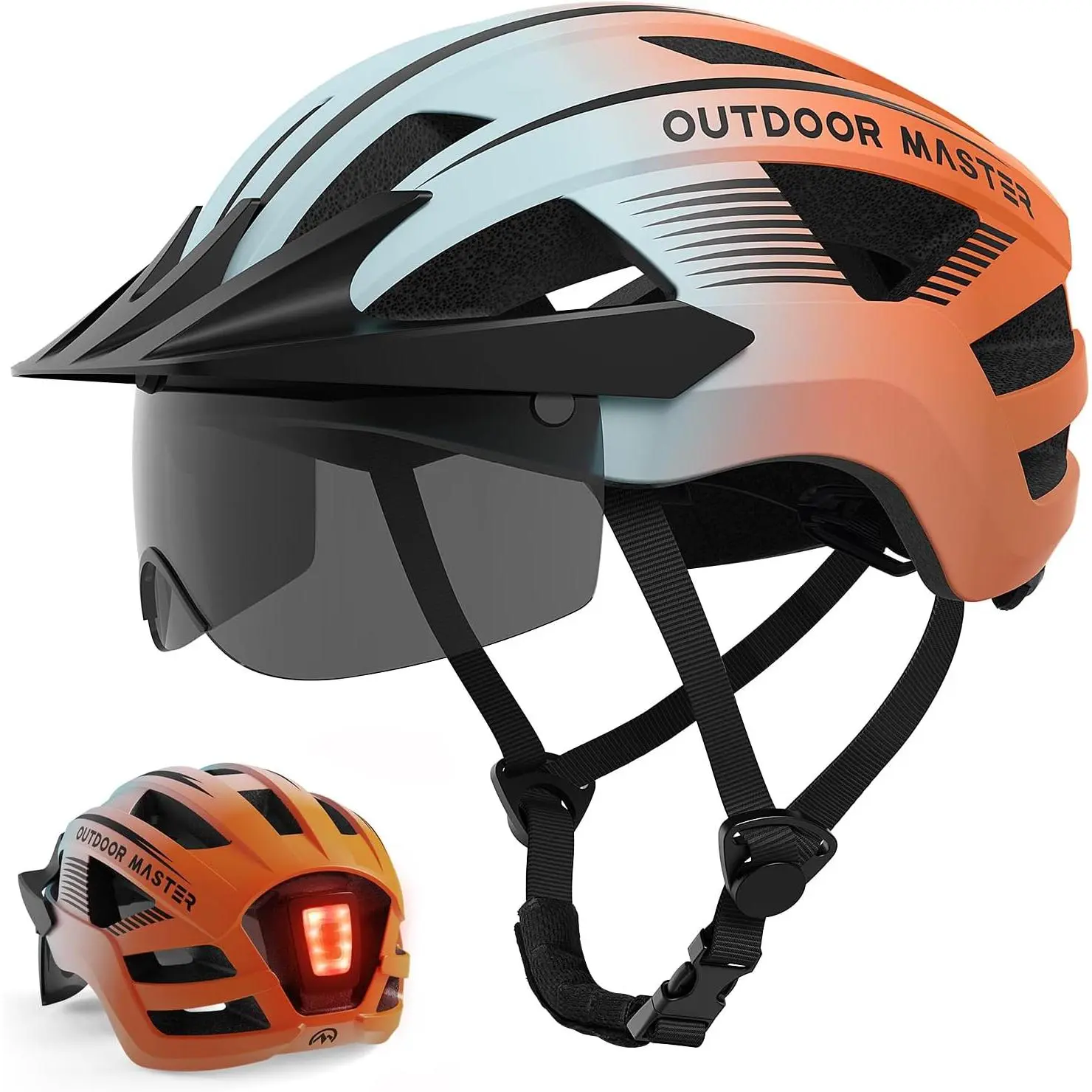 OutdoorMaster CPSC-ASTM Certified Adult Polycarbonate Matte Black Motorcycle Helmet - Impact-Safe, 17 Vents, Lightweight, Rechargeable Rear LED Lights, Detachable Magnetic Goggles, Removable UV Sun Visor for City Commuting, Mountain Biking
