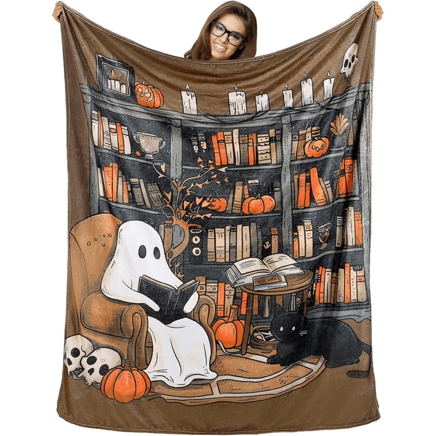 Reader Halloween Blanket - Spooky Book Lover's Throw with Ghosts, Black Cats, Skulls & Pumpkins - Cozy Flannel All-Season Bedspread for Reading Nook, Library Decor - Perfect Gift for Readers & Halloween Enthusiasts, Halloween Flee