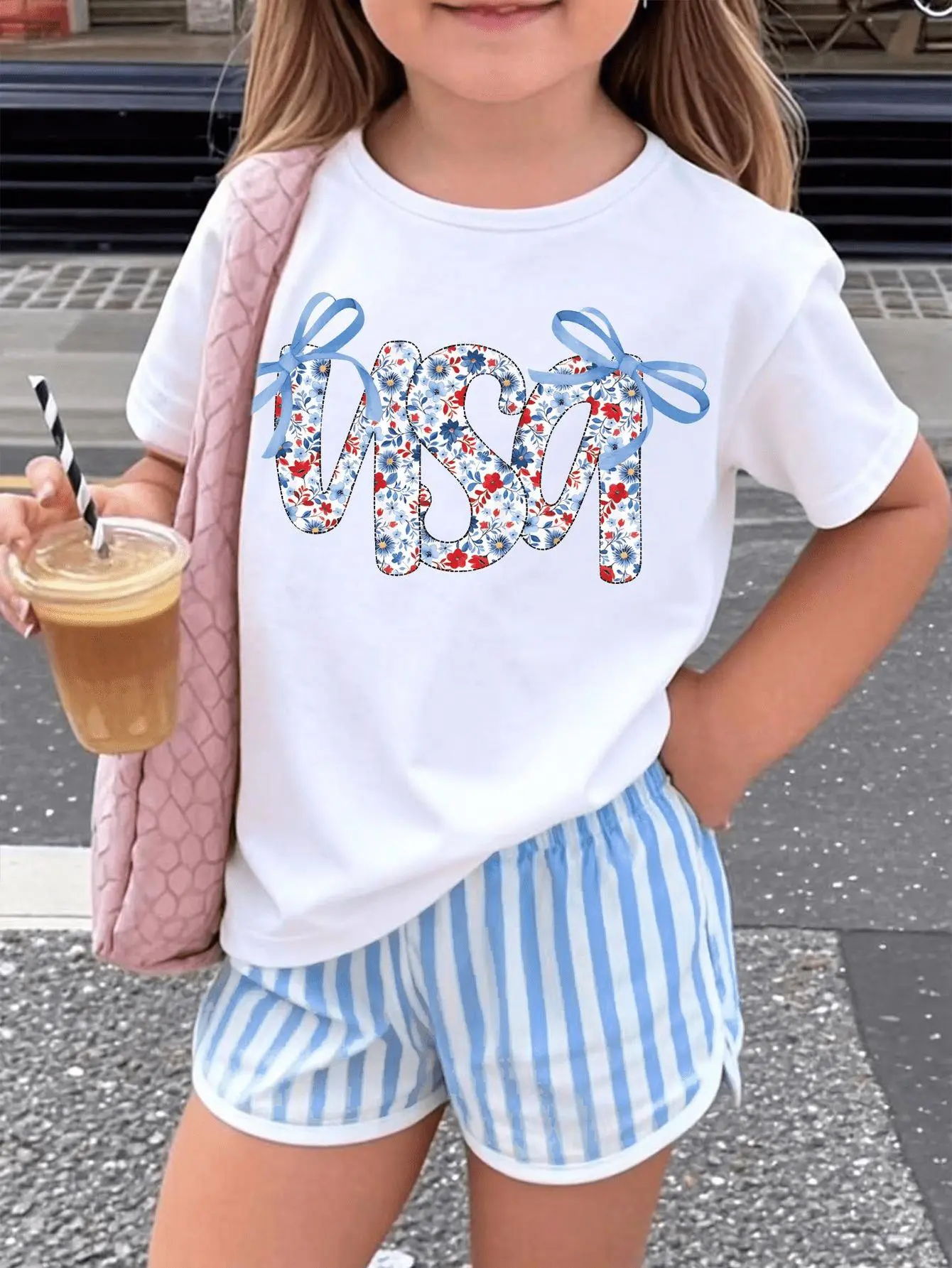 Girls' USA Graphic T-Shirt, 100% Cotton Patriotic Tee with Bow Accent for 4th of July Holidays, Ages 8 - 9 Years, All Seasons, Crew Neck, Cute, Short Sleeve Tops, Regular Fit, Premium Cotton, Durable