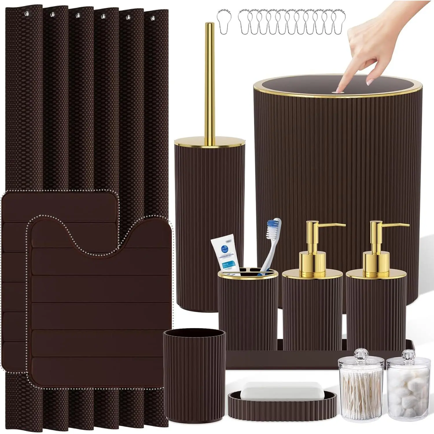 Brown Bathroom Accessories Set - Bathroom Sets, 25PC Bath Accessory Set, Bathroom Sets with Push Top Trash Can, Shower Curtain and Rugs, Toilet Brush, Trash Can & Soap Dispenser