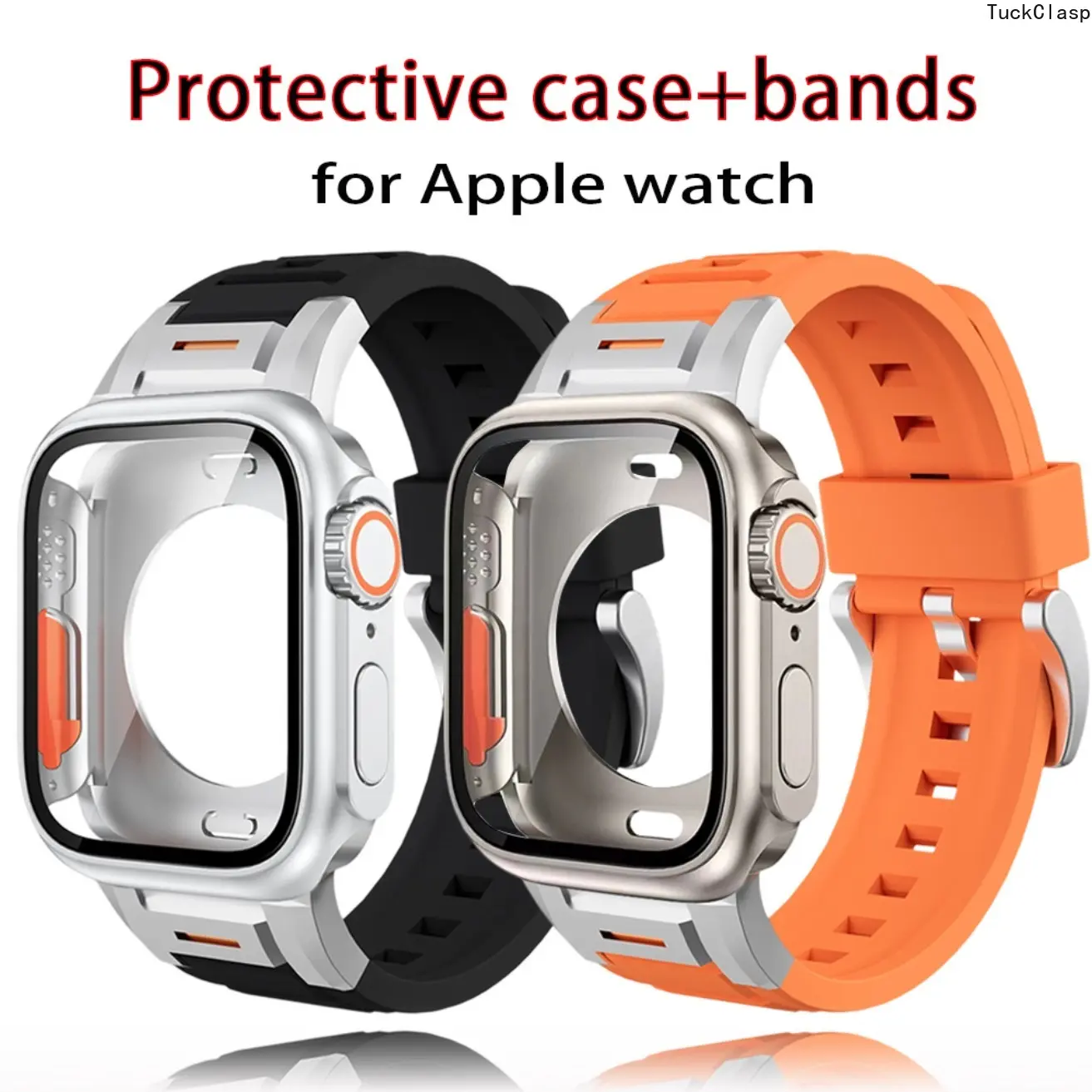 2-Piece Case & Band Combo for Apple Watch – Rugged Hard PC Full-Body Protector with Metal Connector Strap, Fits Series 4–11/SE (40–46mm), Great for Summer Outdoor Use