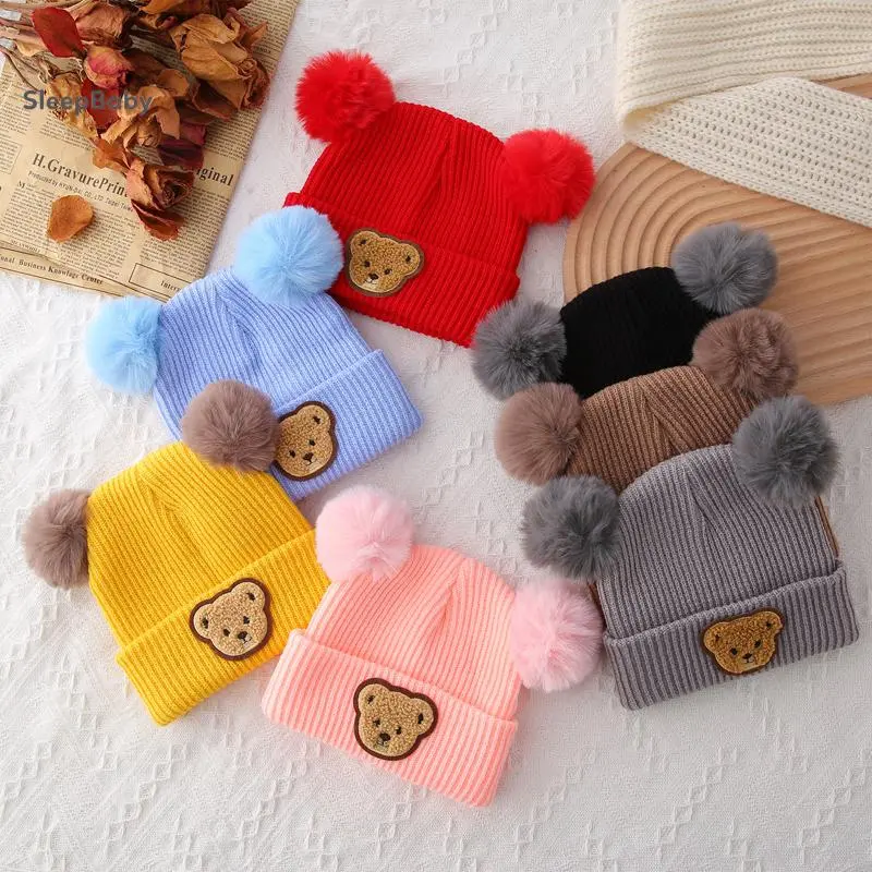 Infant & Toddler Unisex Knitted Beanies - 100% Brand New Cute Plush Balls Hat with Embroidered Bear Face, Warm Earflaps, Playful Touch for Cold Weather (Infant Beanie), Toddler Hats, Cute Beanie Hat