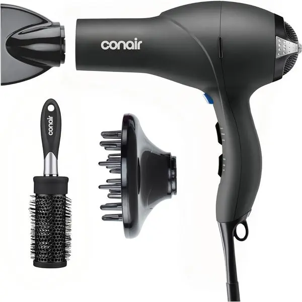 Conair Hair Dryer with Diffuser, Concentrator & Round Brush, Black | 1875W blow dryer for all hair types, includes 2 attachments and a round brush for added volume and defined texture
