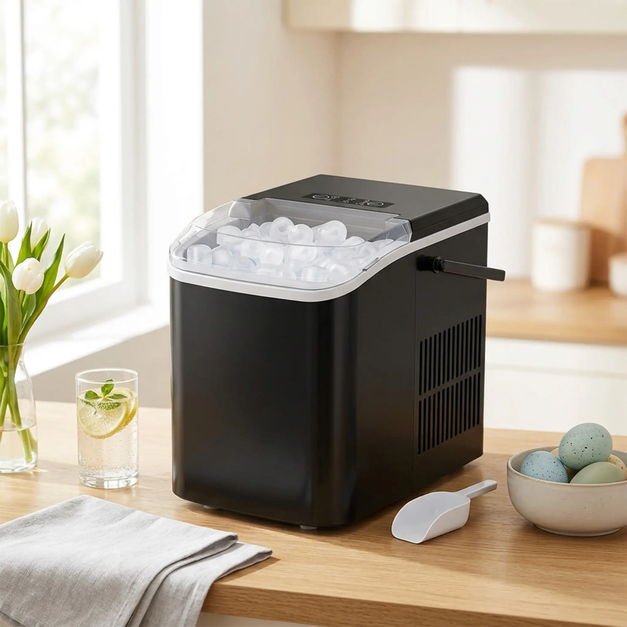 【Deal】Sweetcrispy-Countertop Ice Maker, Portable Ice Machine Self-Cleaning with Scoop, Basket and Handle, 9 Cubes in 6 Mins, 2 Sizes of Bullet Ice