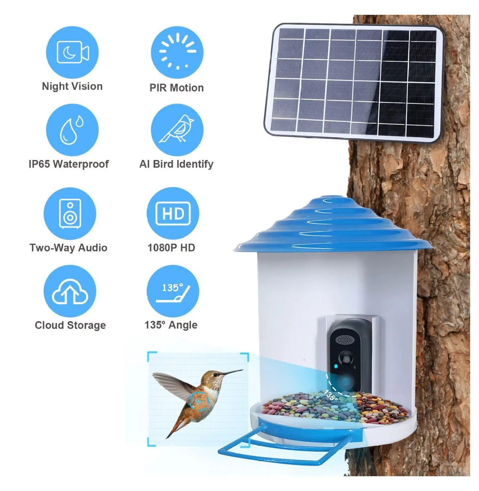 Solar Powered Wildlife Camera 1080P, AI Animal Identification, PIR Motion Detection, Auto Capture, WiFi Feeder Camera with Night Vision & Cloud Storage Bird Feeder Camera