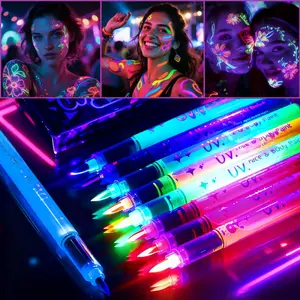 Temporary Tattoo Pens,Halloween Makeup Glow in The Dark Face Paint Markers 8 Colors, With Stencils, Neon Body Paint Pen for Skin Glow Under Black Light, Washable UV Temporary Tattoo Pens for Glow Party Supplies, Party Atmosphere, Included Stencils