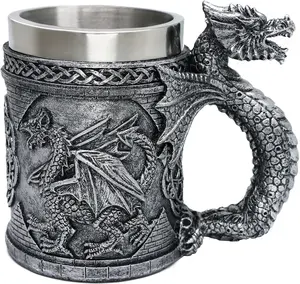 Alikiki Medieval GOT Viking Dragon Mug - 15.8 oz Stainless Steel Cute Novelty Mug, Beer Stein, Gifts for Men, Dragon-Themed Party Decoration, Cute Novelty Mugs