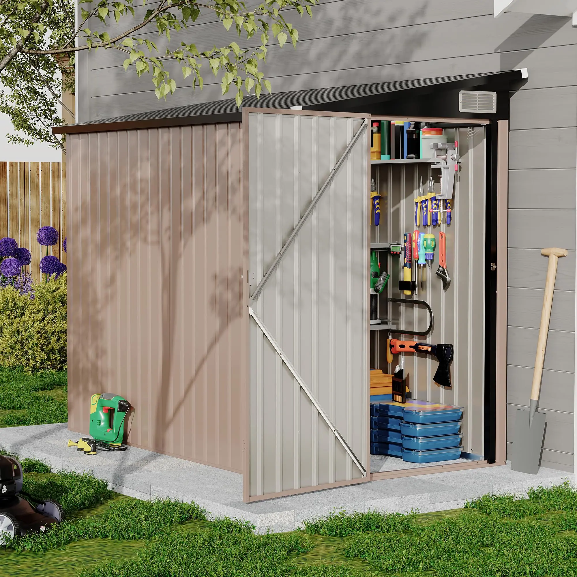 【GARVEE】4x8ft Metal Outdoor Lean-To Storage Shed featuring a heavy-duty garden utility design with metal wall side, built for durability and weather resistance, ideal for outdoor storage needs