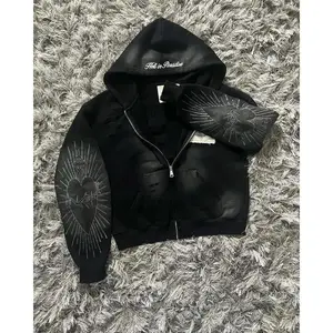 NewHell in Paradise Street Retro Gothic Style Zip Up Hoodie Embroidery Patchwork Hoodies Loose Sweatshirt Men Clothing Pullover Long Sleeve